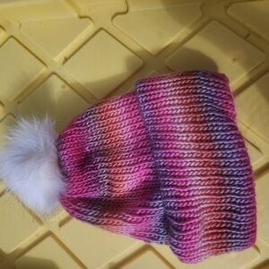 New! Hand Knitted Multicolor Knit Beanie with Pom Pom